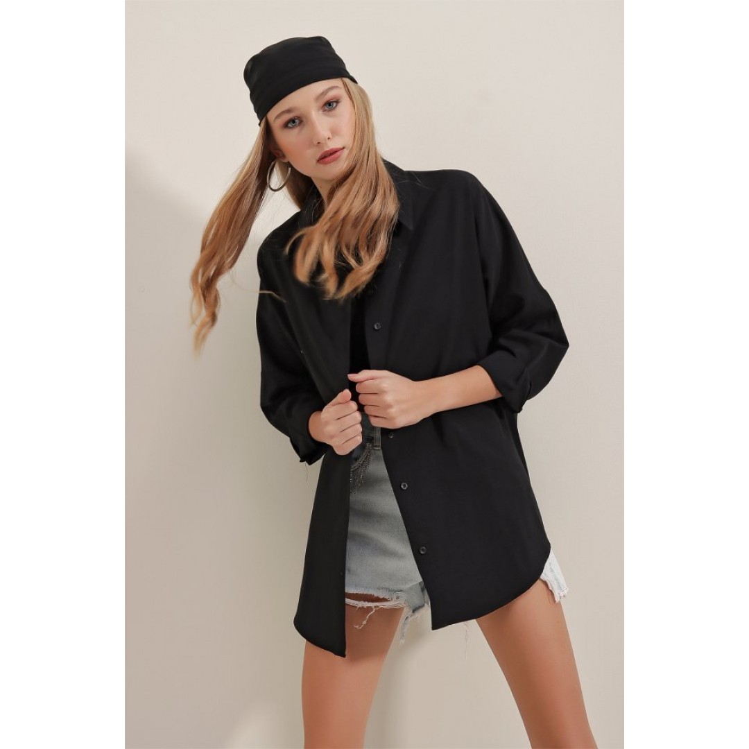 3900 Oversize Uzun Basic Gömlek - Siyah 90093 3900 Oversize Uzun Basic Gömlek - Siyah 90093