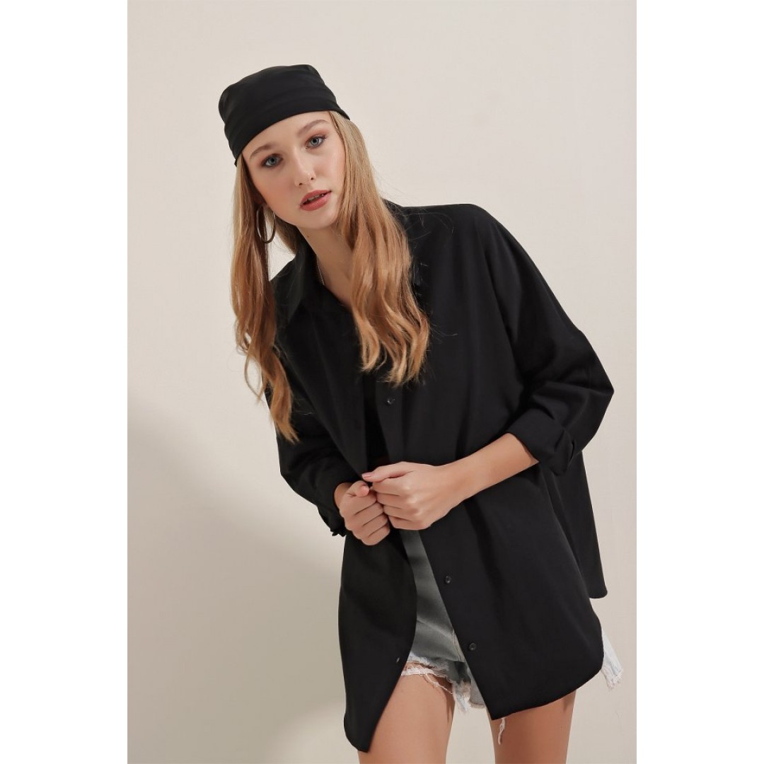 3900 Oversize Uzun Basic Gömlek - Siyah 90093 3900 Oversize Uzun Basic Gömlek - Siyah 90093