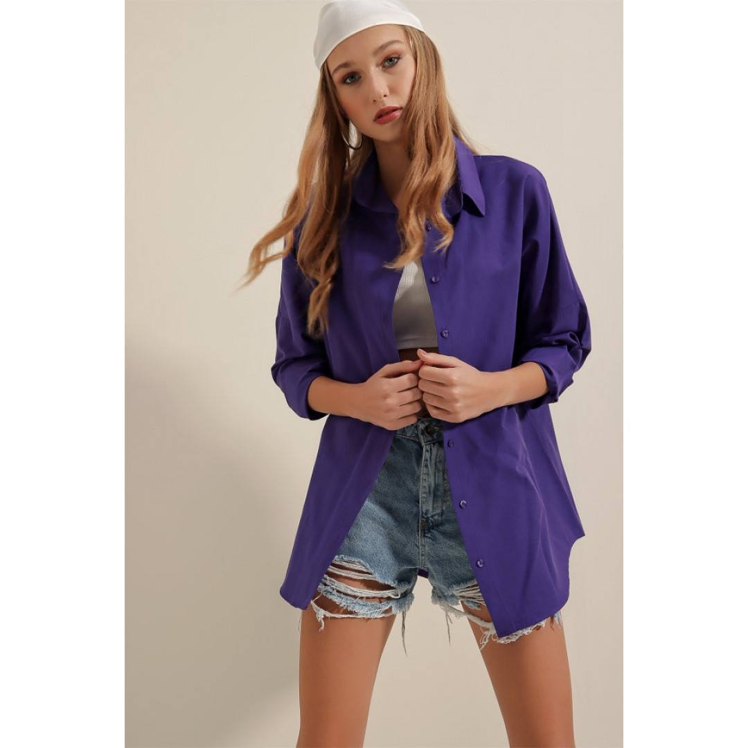 3900 Oversize Uzun Basic Gömlek - Mor