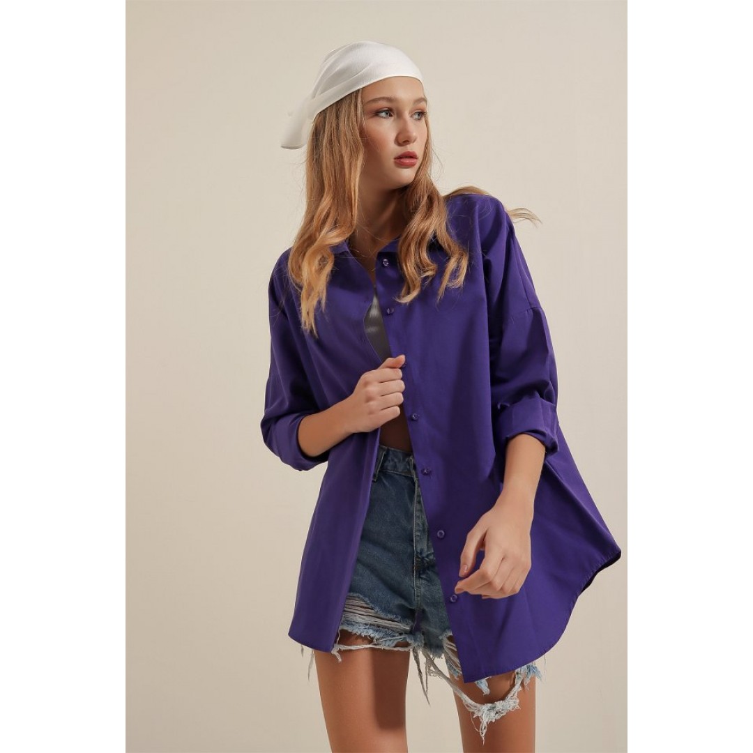 3900 Oversize Uzun Basic Gömlek - Mor 90098 3900 Oversize Uzun Basic Gömlek - Mor 90098