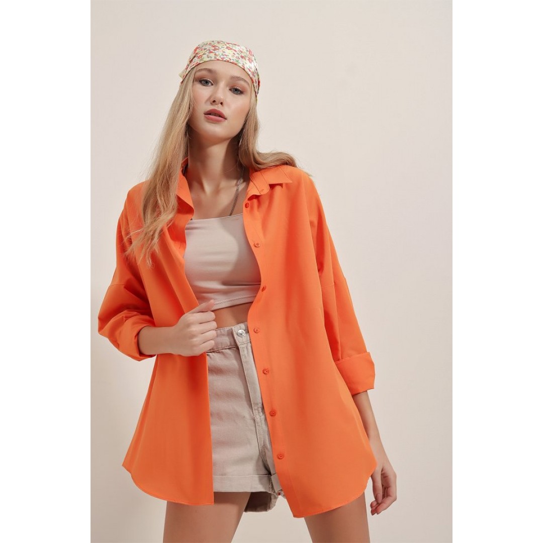 3900 Oversize Uzun Basic Gömlek - Turuncu