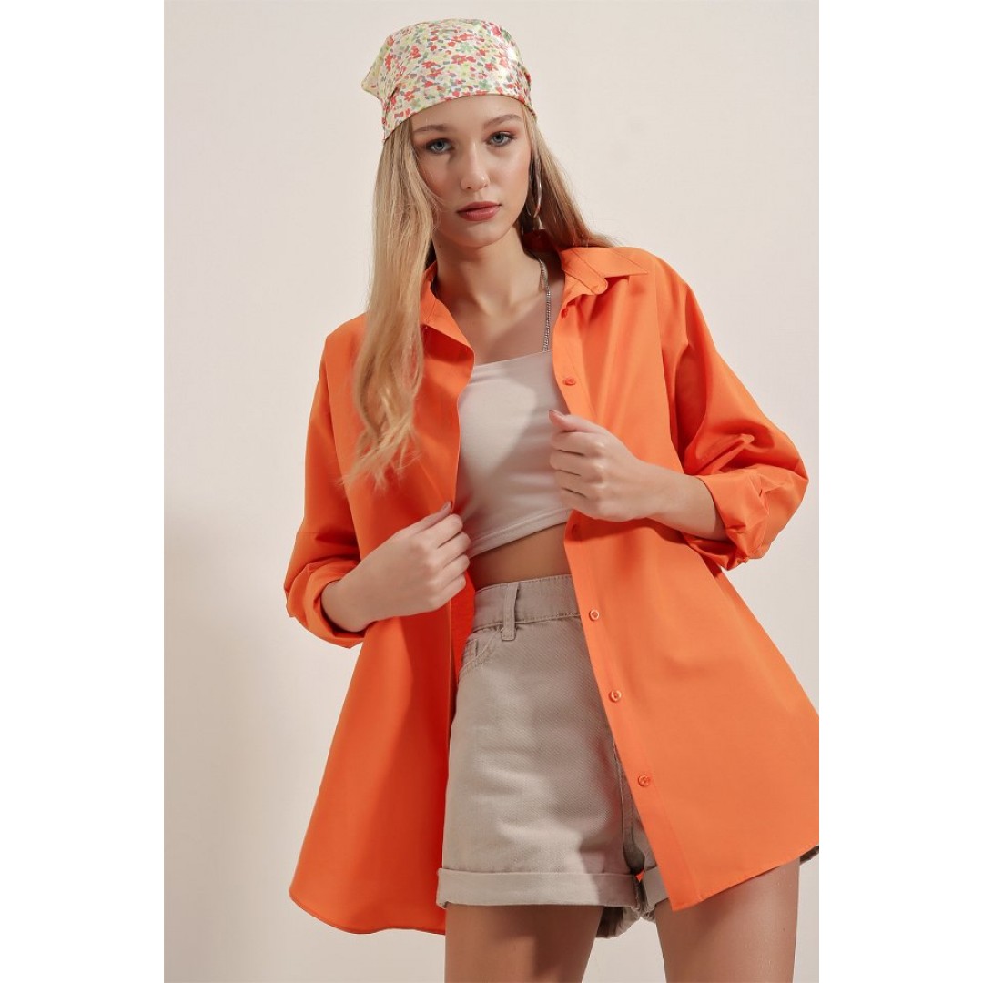 3900 Oversize Uzun Basic Gömlek - Turuncu 90102 3900 Oversize Uzun Basic Gömlek - Turuncu 90102