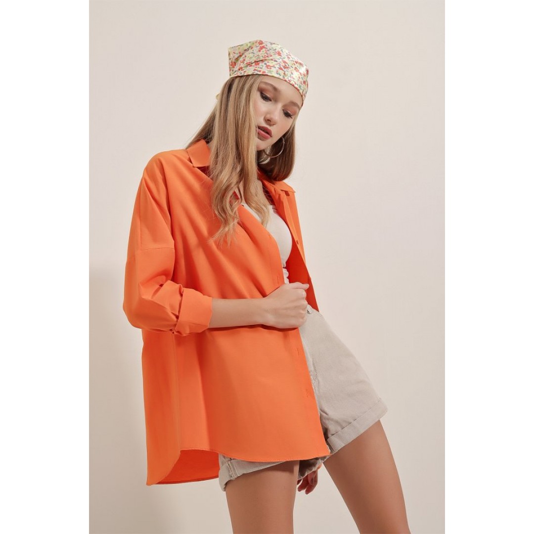 3900 Oversize Uzun Basic Gömlek - Turuncu 90102 3900 Oversize Uzun Basic Gömlek - Turuncu 90102