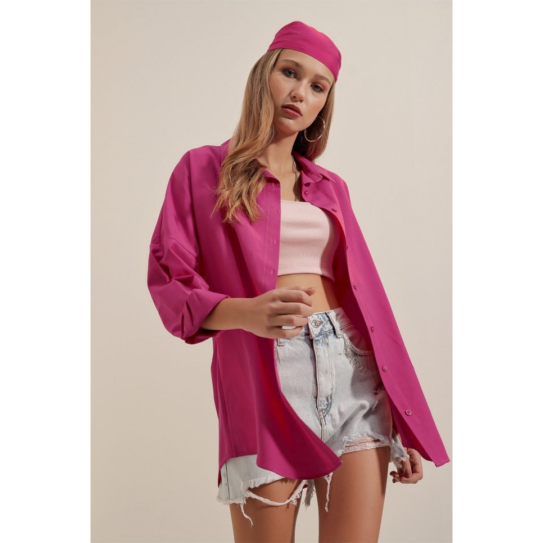 3900 Oversize Uzun Basic Gömlek - Koyu Pembe 90110 3900 Oversize Uzun Basic Gömlek - Koyu Pembe 90110