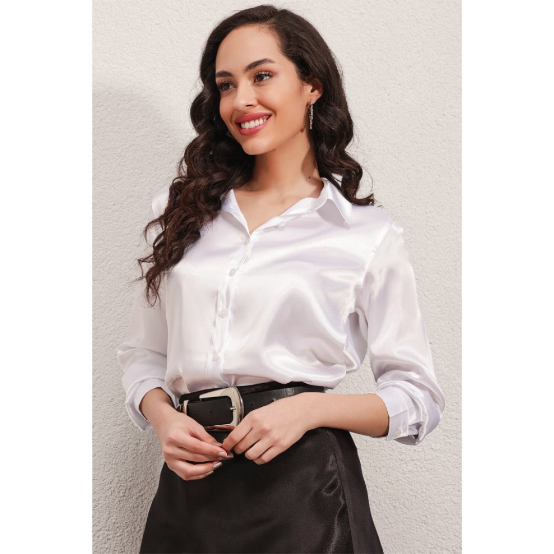3964 Hafif Dökümlü Saten Gömlek - Beyaz 90117 3964 Hafif Dökümlü Saten Gömlek - Beyaz 90117