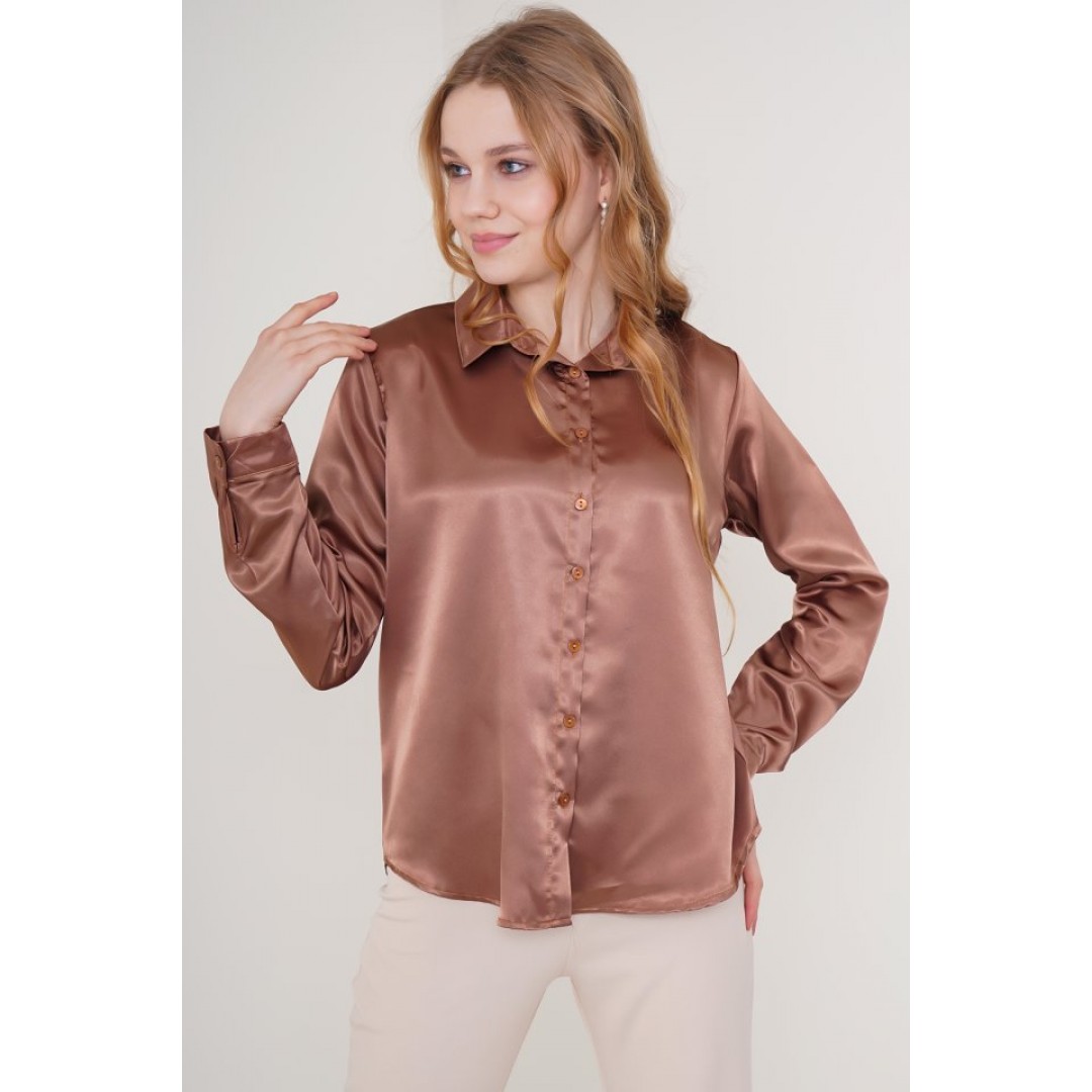 3964 Hafif Dökümlü Saten Gömlek - Taba 90211 3964 Hafif Dökümlü Saten Gömlek - Taba 90211