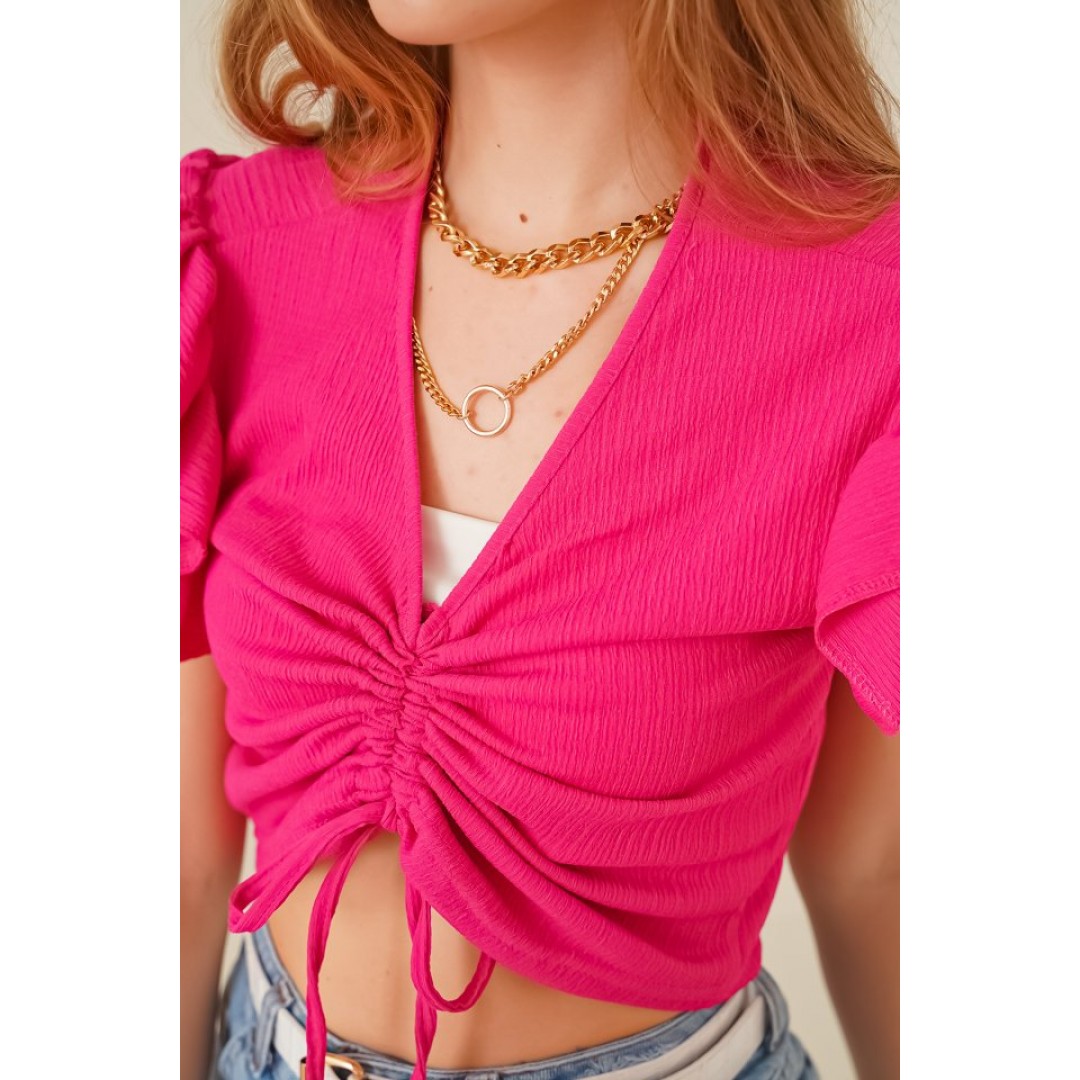 0423 Crop Örme Bluz - Fuşya 90228 0423 Crop Örme Bluz - Fuşya 90228