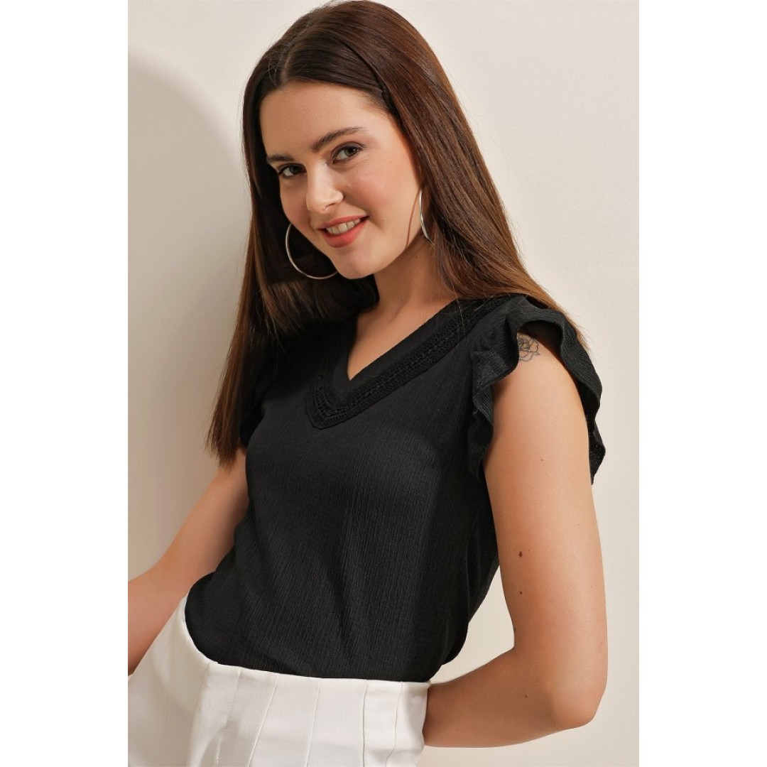 0467 V Yaka Örme Bluz - Siyah 90445 0467 V Yaka Örme Bluz - Siyah 90445