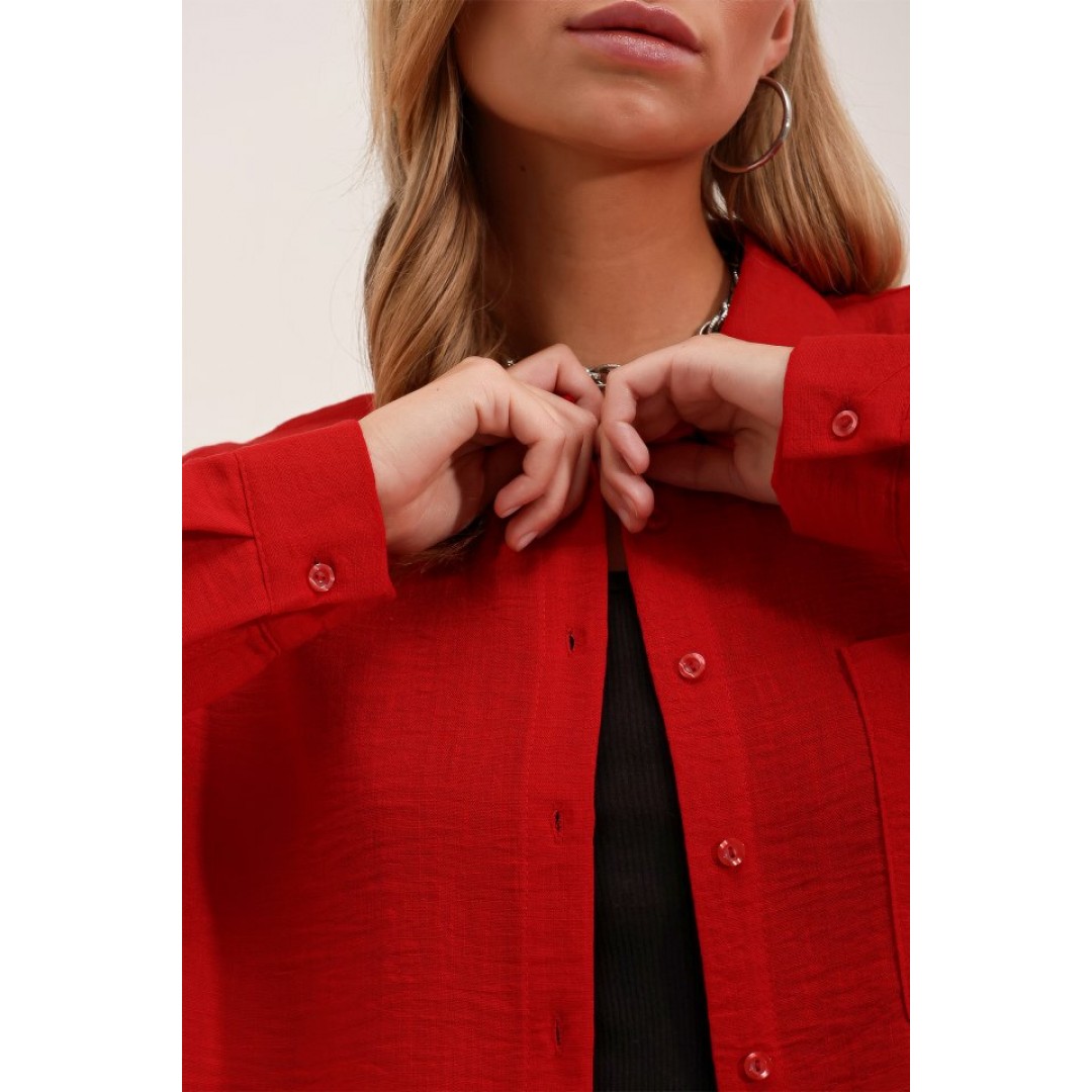 20153 Tek Cepli Oversize Gömlek - Kırmızı 90628 20153 Tek Cepli Oversize Gömlek - Kırmızı 90628