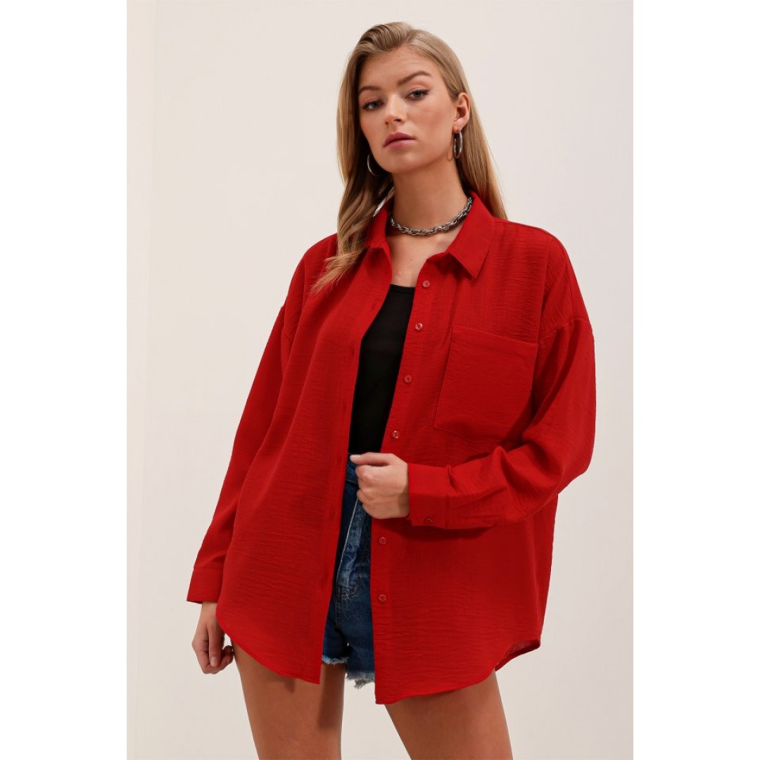 20153 Tek Cepli Oversize Gömlek - Kırmızı 90628 20153 Tek Cepli Oversize Gömlek - Kırmızı 90628