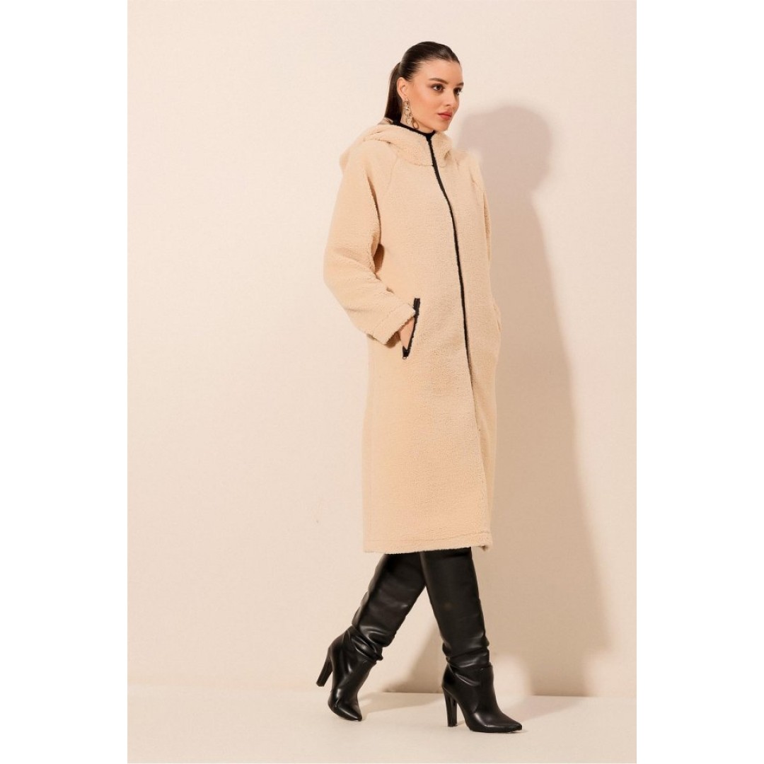 9132 Kapüşonlu Peluş Kaban - Krem 90701