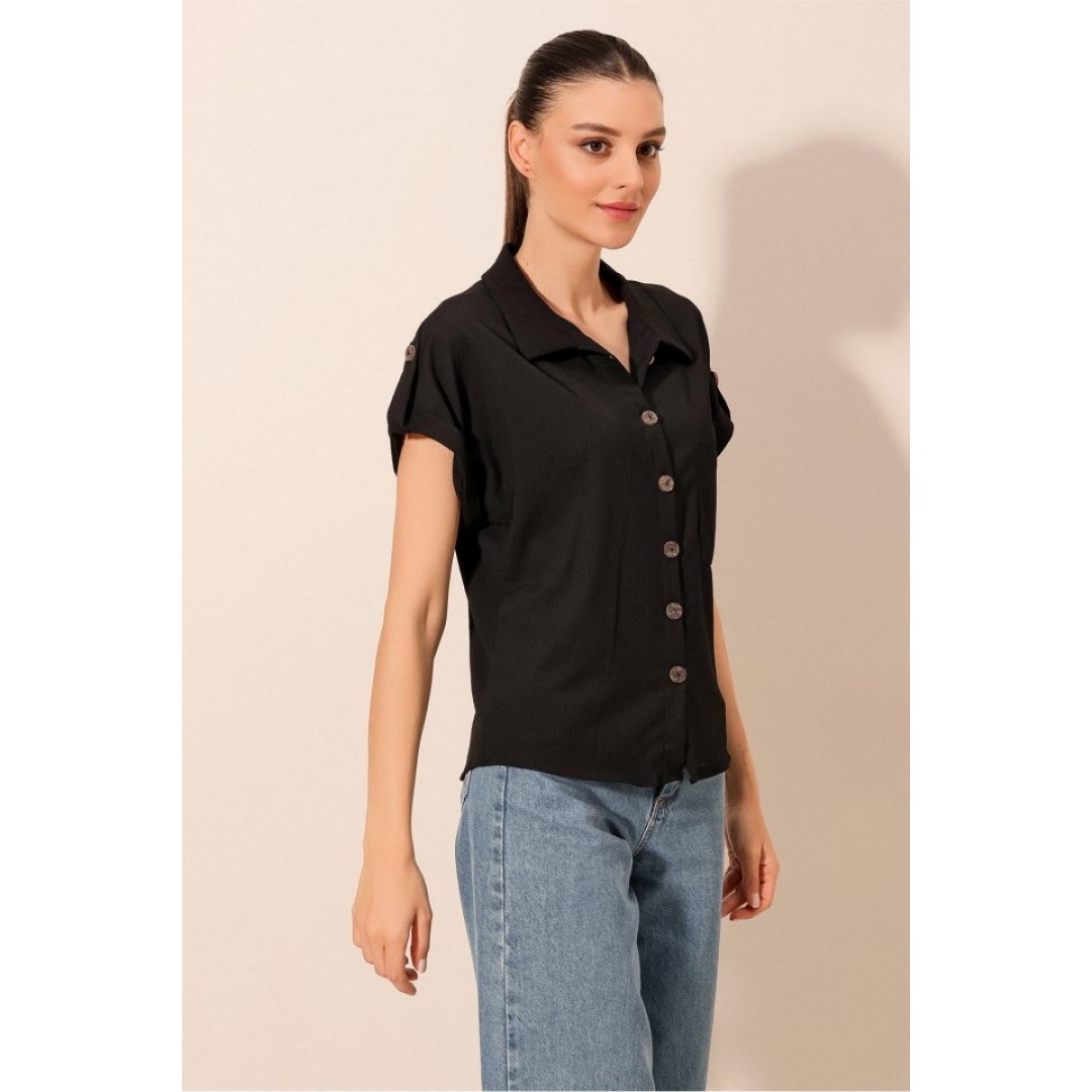 20187 Kısa Kol Oversize Örme Gömlek - Siyah 90830 20187 Kısa Kol Oversize Örme Gömlek - Siyah 90830