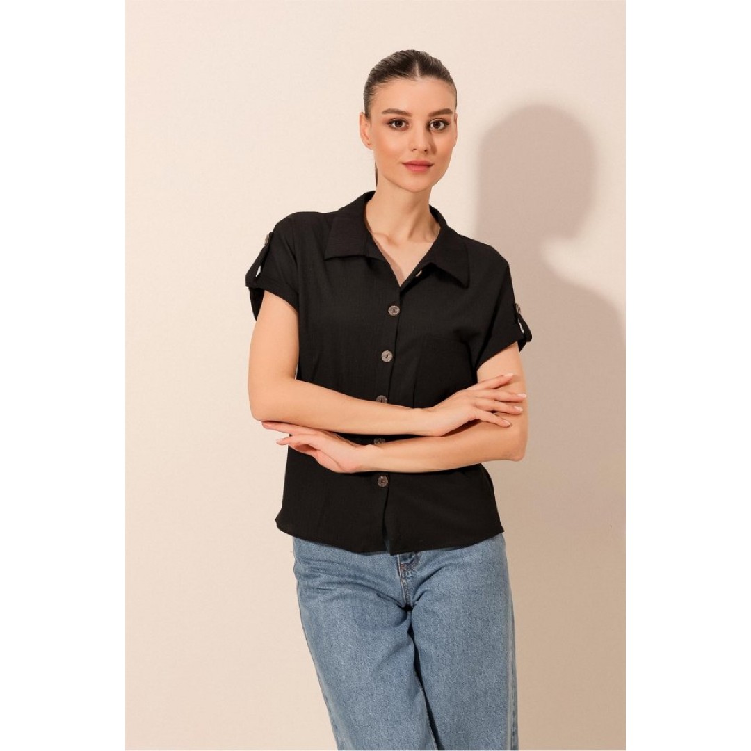 20187 Kısa Kol Oversize Örme Gömlek - Siyah 90830 20187 Kısa Kol Oversize Örme Gömlek - Siyah 90830