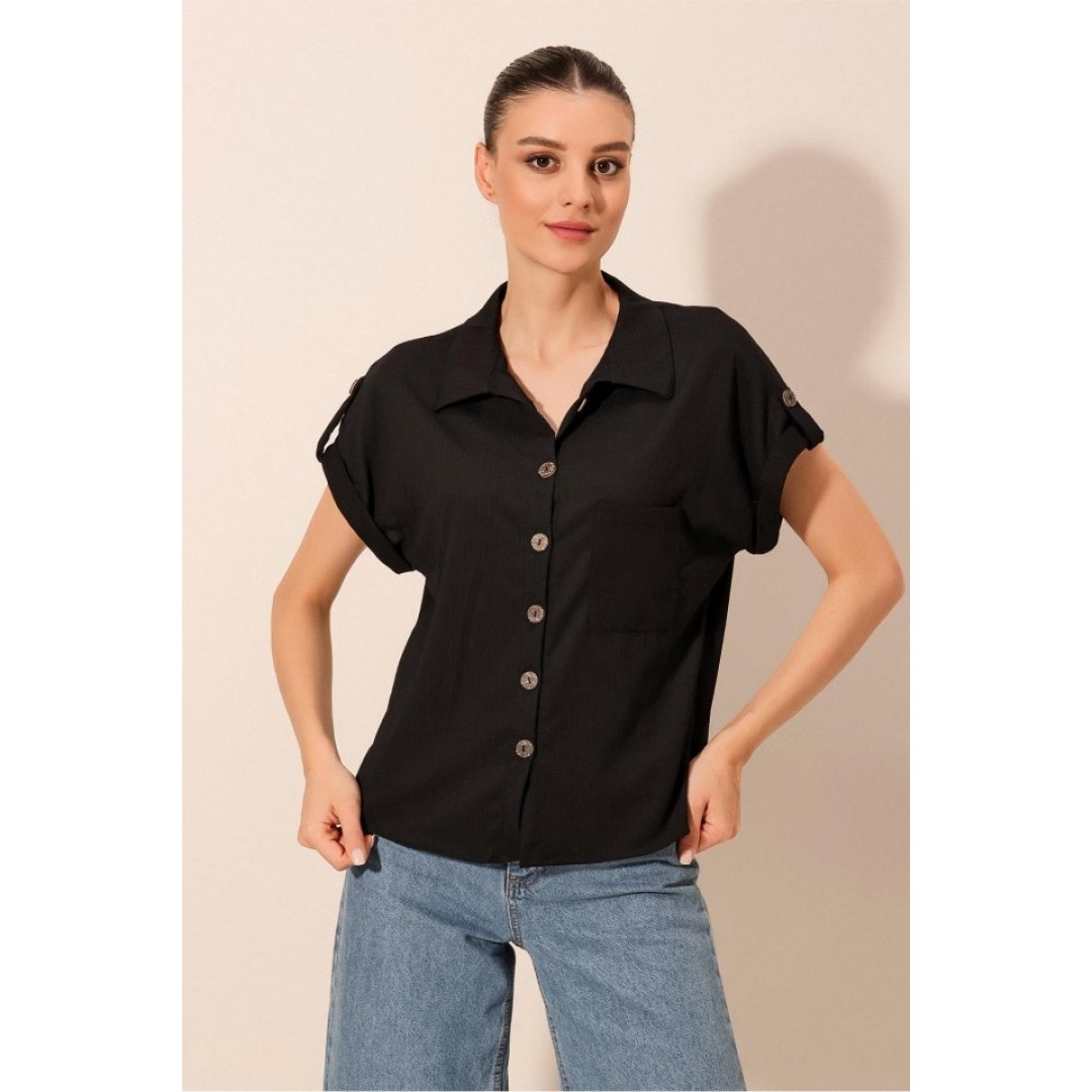 20187 Kısa Kol Oversize Örme Gömlek - Siyah 90830 20187 Kısa Kol Oversize Örme Gömlek - Siyah 90830