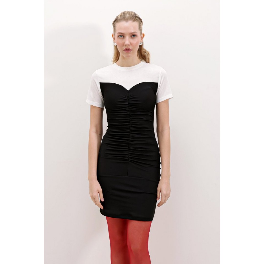 2472 Büzgülü Mini Elbise - Siyah 95532 2472 Büzgülü Mini Elbise - Siyah 95532