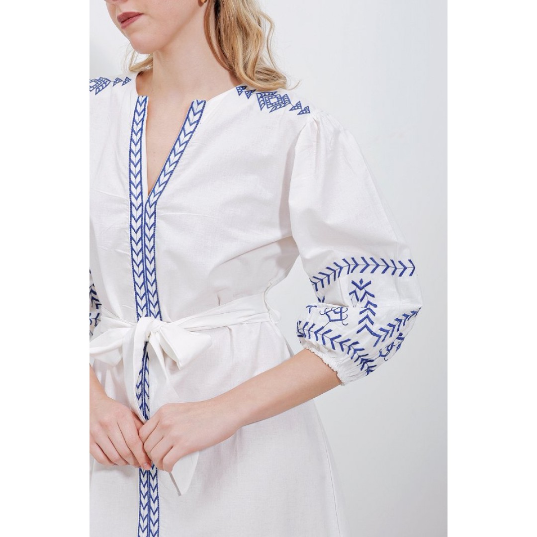 2479 Desenli Keten Elbise - Beyaz 96057 2479 Desenli Keten Elbise - Beyaz 96057