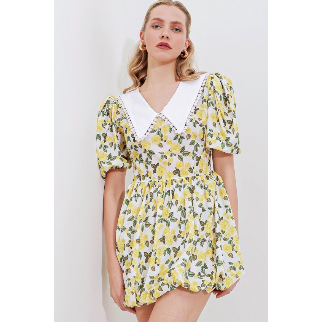 2478 Çiçekli Mini Elbise - Sarı