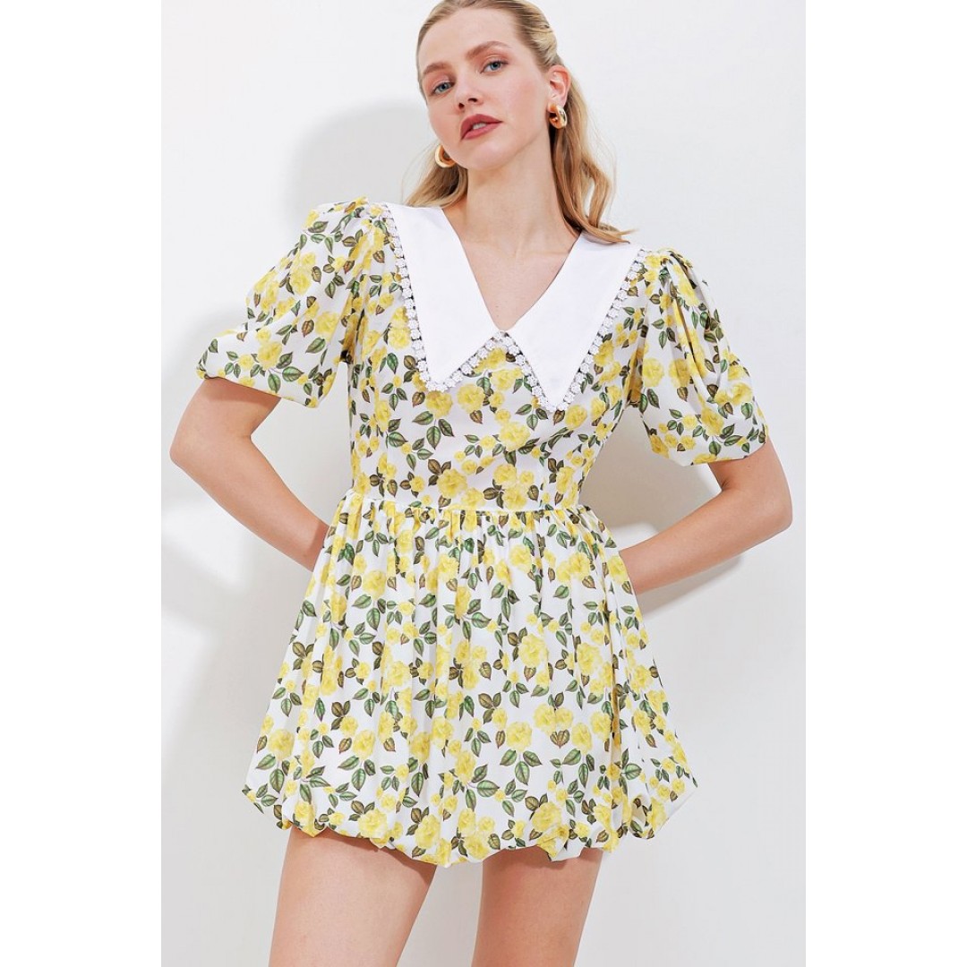 2478 Çiçekli Mini Elbise - Sarı 96710 2478 Çiçekli Mini Elbise - Sarı 96710