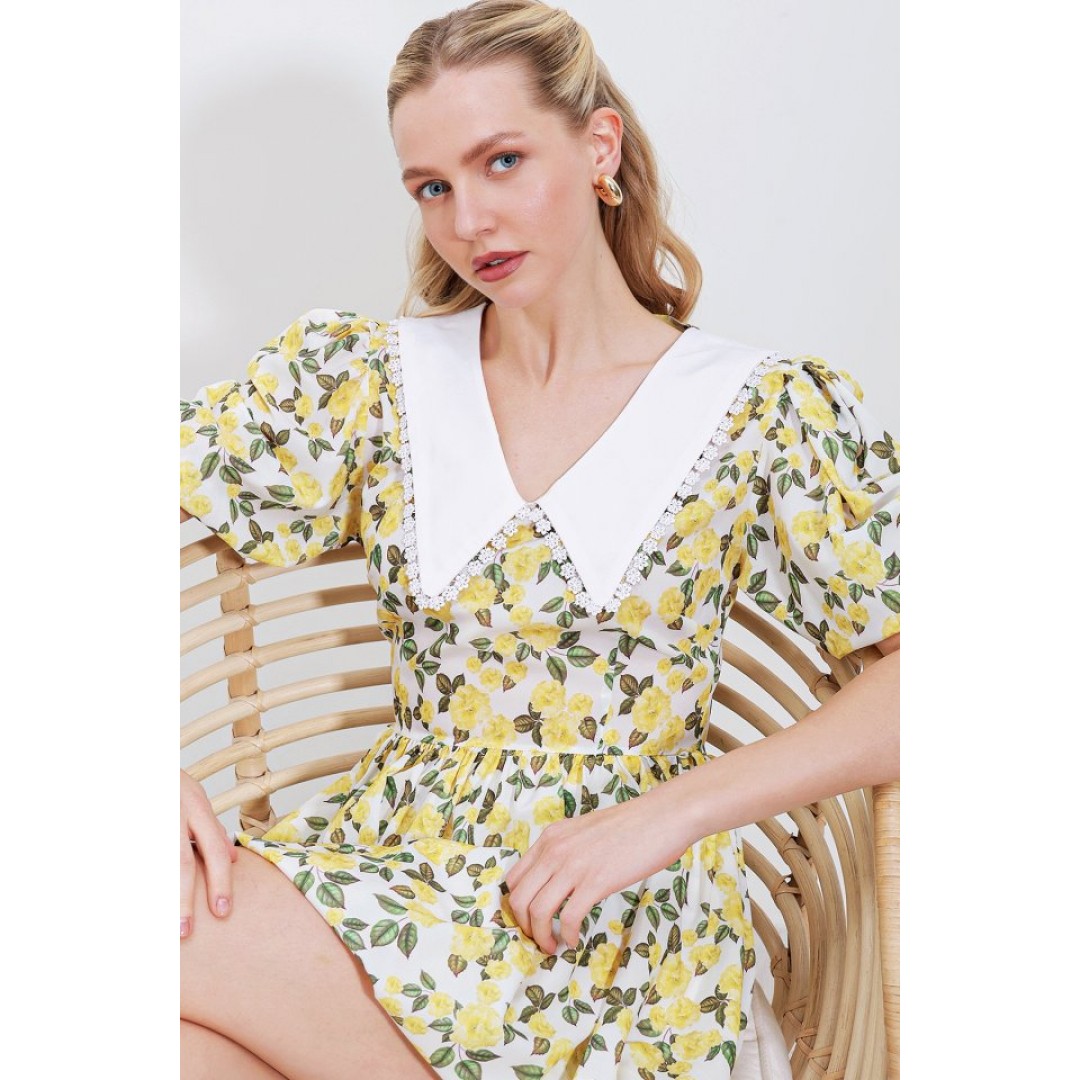 2478 Çiçekli Mini Elbise - Sarı 96710 2478 Çiçekli Mini Elbise - Sarı 96710