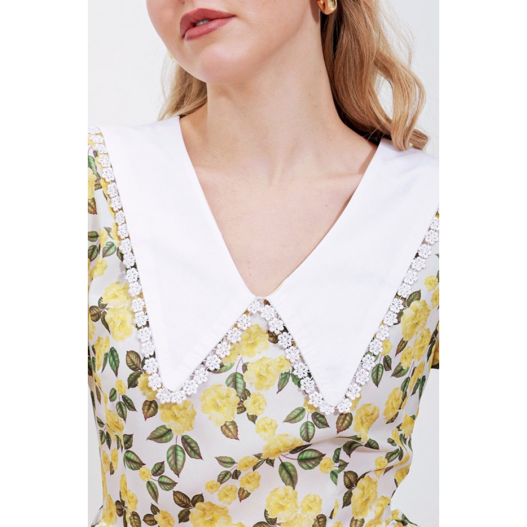2478 Çiçekli Mini Elbise - Sarı 96710 2478 Çiçekli Mini Elbise - Sarı 96710