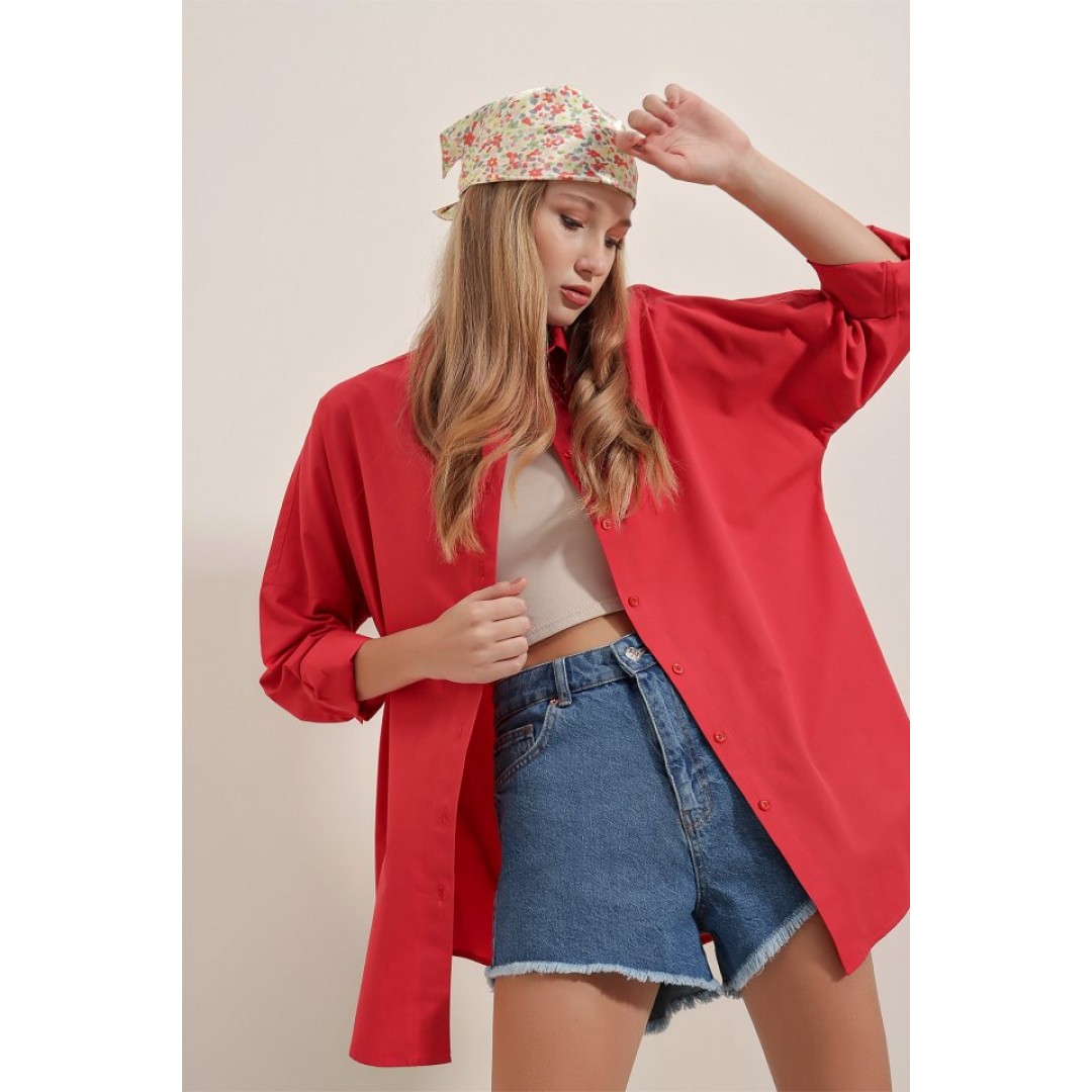 3900 Oversize Uzun Basic Gömlek - Kırmızı 144769 3900 Oversize Uzun Basic Gömlek - Kırmızı 144769