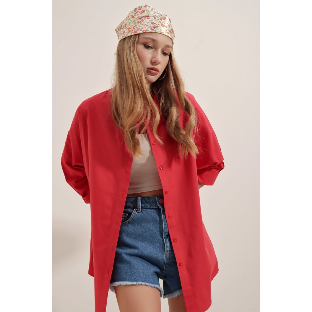 3900 Oversize Uzun Basic Gömlek - Kırmızı 144769 3900 Oversize Uzun Basic Gömlek - Kırmızı 144769