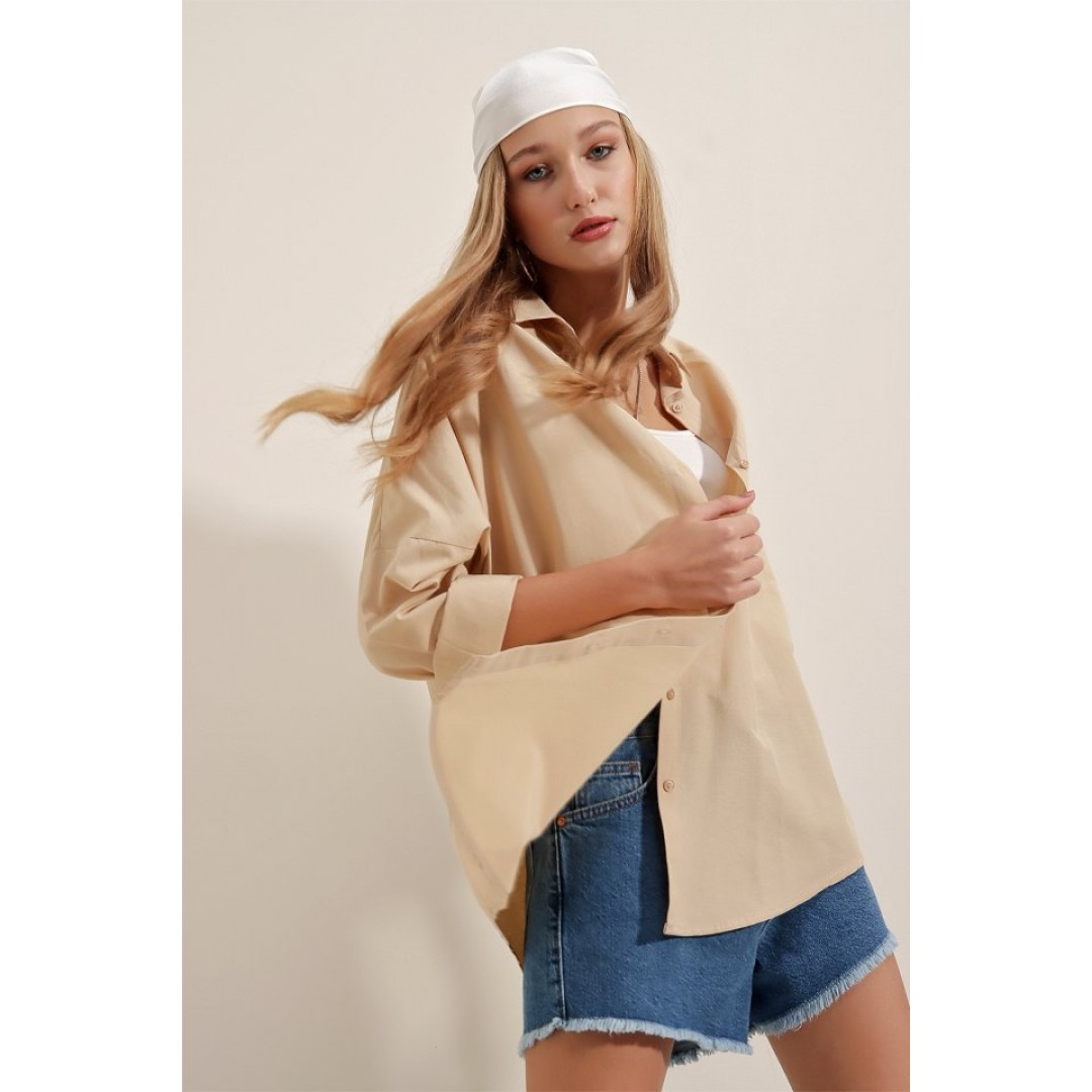 3900 Oversize Uzun Basic Gömlek - Bej