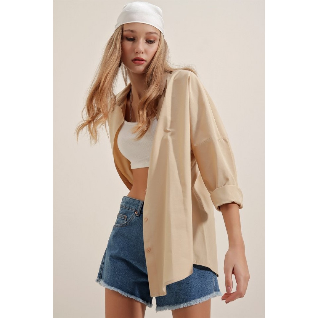 3900 Oversize Uzun Basic Gömlek - Bej 144770