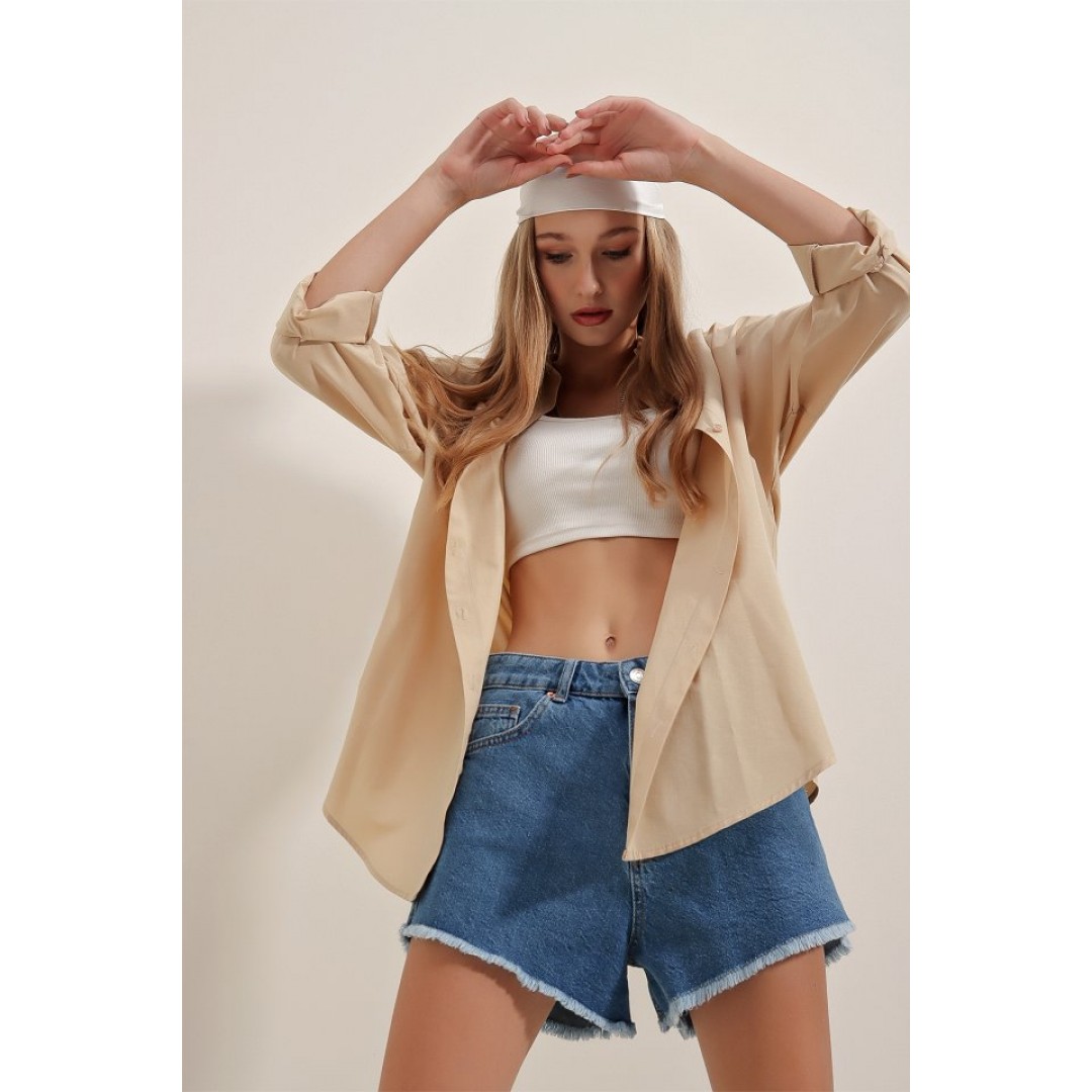3900 Oversize Uzun Basic Gömlek - Bej 144770