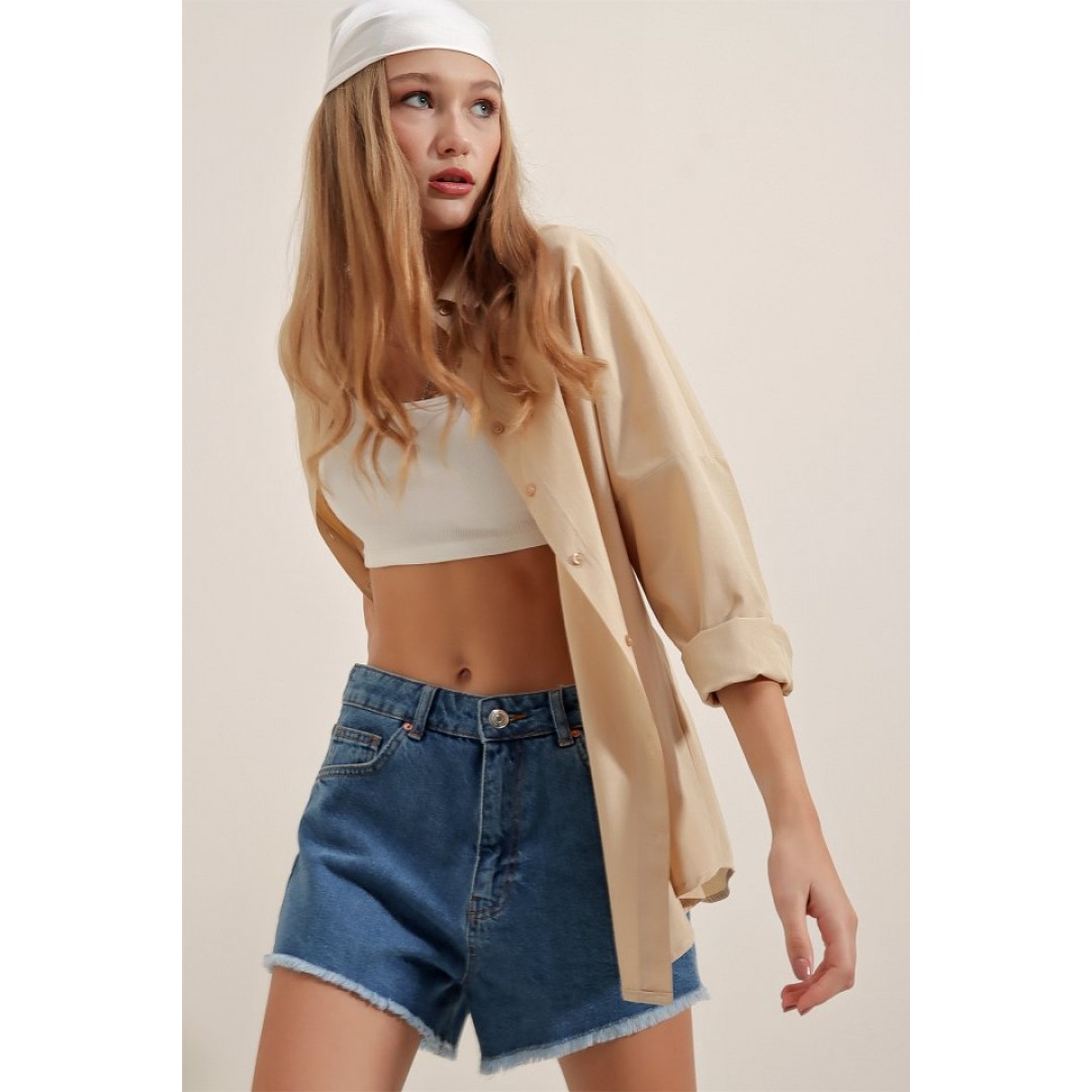 3900 Oversize Uzun Basic Gömlek - Bej 144770