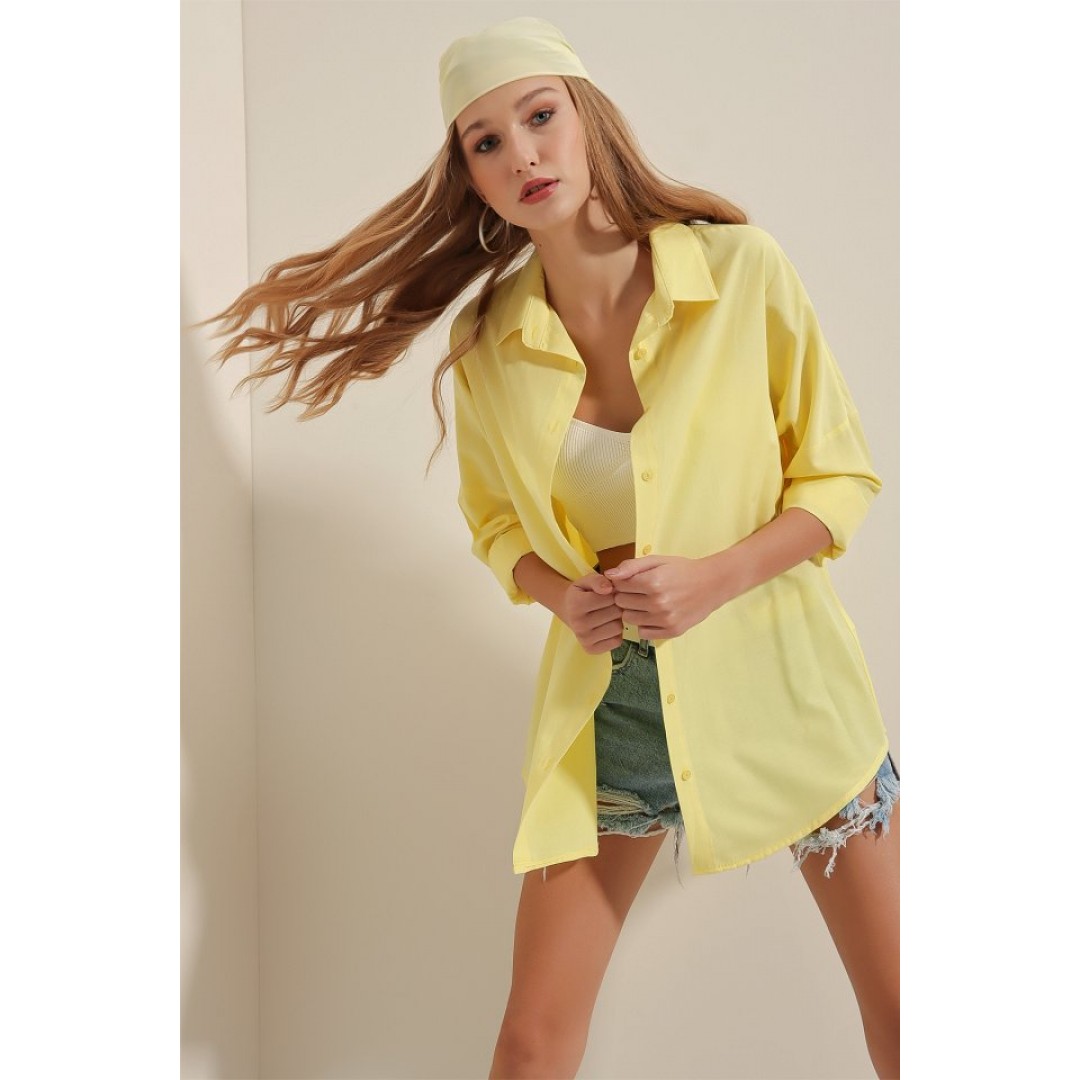 3900 Oversize Uzun Basic Gömlek - Sarı