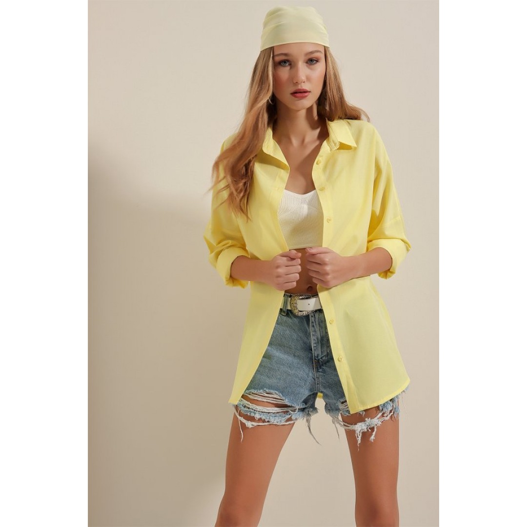 3900 Oversize Uzun Basic Gömlek - Sarı 144771 3900 Oversize Uzun Basic Gömlek - Sarı 144771