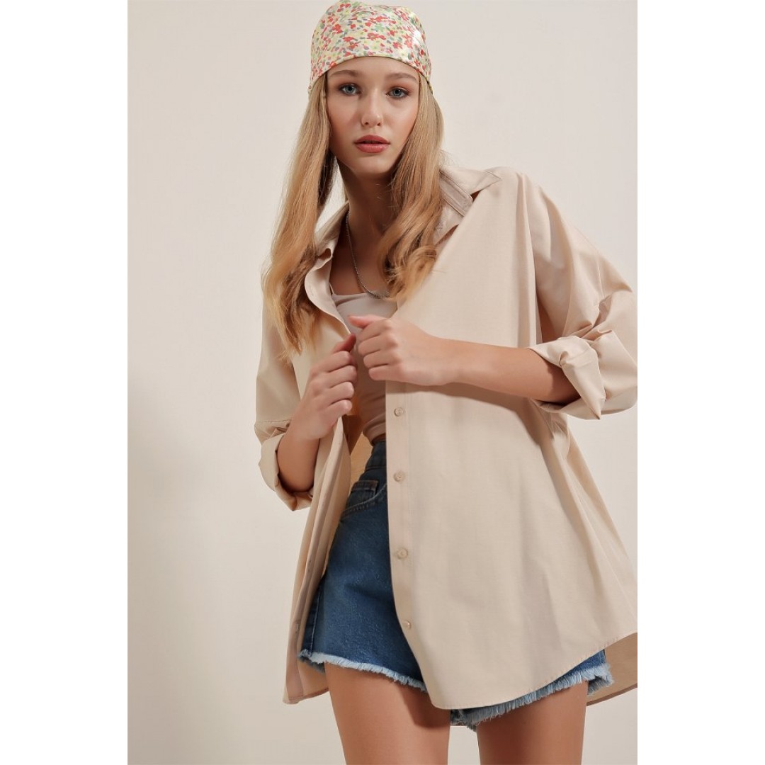 3900 Oversize Uzun Basic Gömlek - Krem 144772 3900 Oversize Uzun Basic Gömlek - Krem 144772
