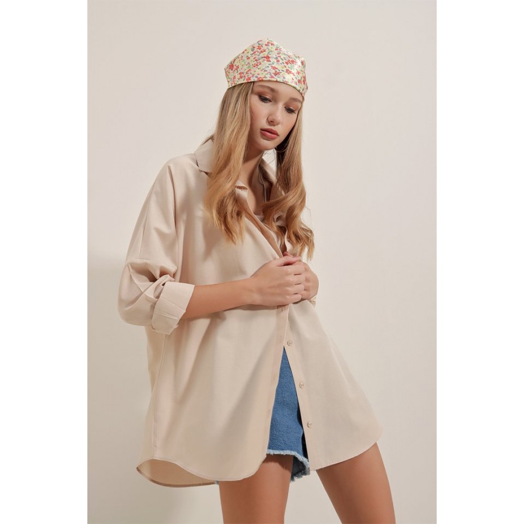 3900 Oversize Uzun Basic Gömlek - Krem 144772 3900 Oversize Uzun Basic Gömlek - Krem 144772