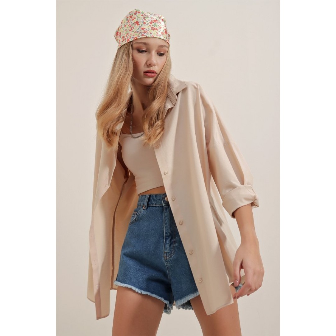3900 Oversize Uzun Basic Gömlek - Krem 144772 3900 Oversize Uzun Basic Gömlek - Krem 144772