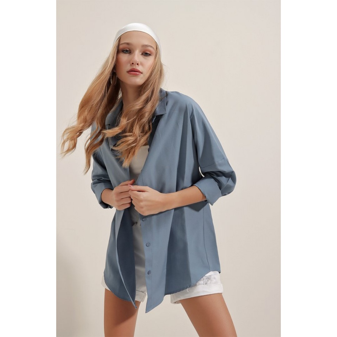 3900 Oversize Uzun Basic Gömlek - İndigo