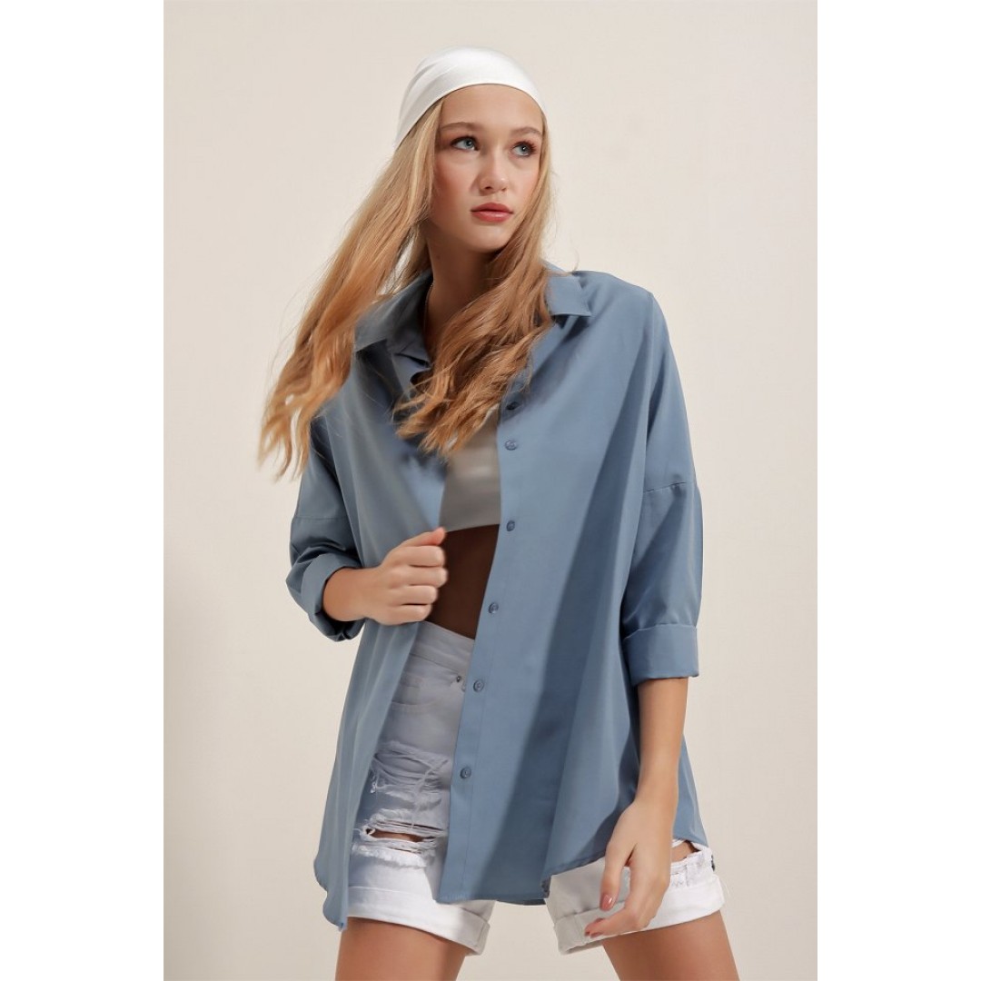 3900 Oversize Uzun Basic Gömlek - İndigo 144773 3900 Oversize Uzun Basic Gömlek - İndigo 144773