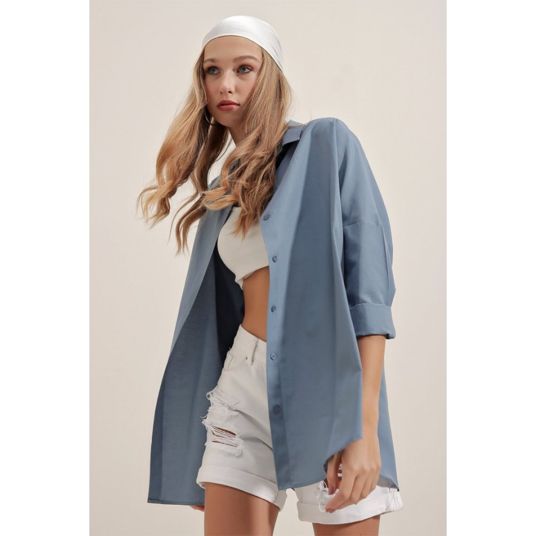 3900 Oversize Uzun Basic Gömlek - İndigo 144773 3900 Oversize Uzun Basic Gömlek - İndigo 144773