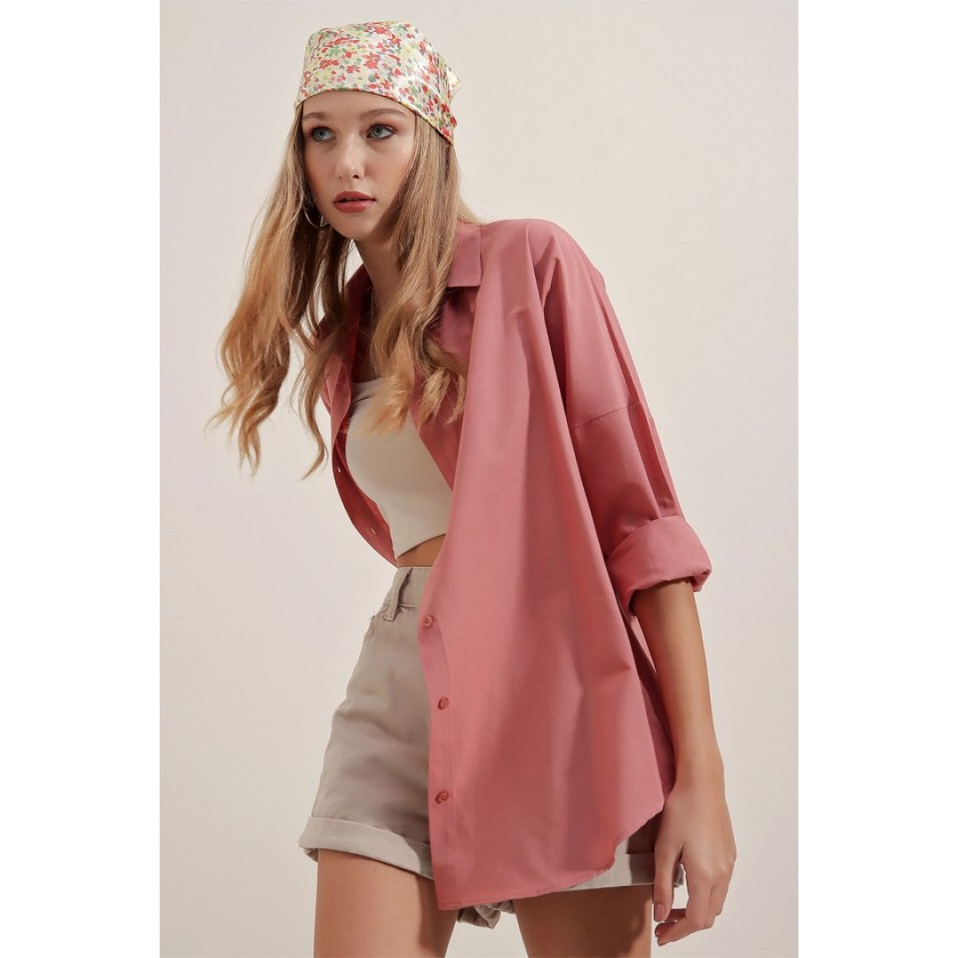 3900 Oversize Uzun Basic Gömlek - Gül Kurusu 144776 3900 Oversize Uzun Basic Gömlek - Gül Kurusu 144776