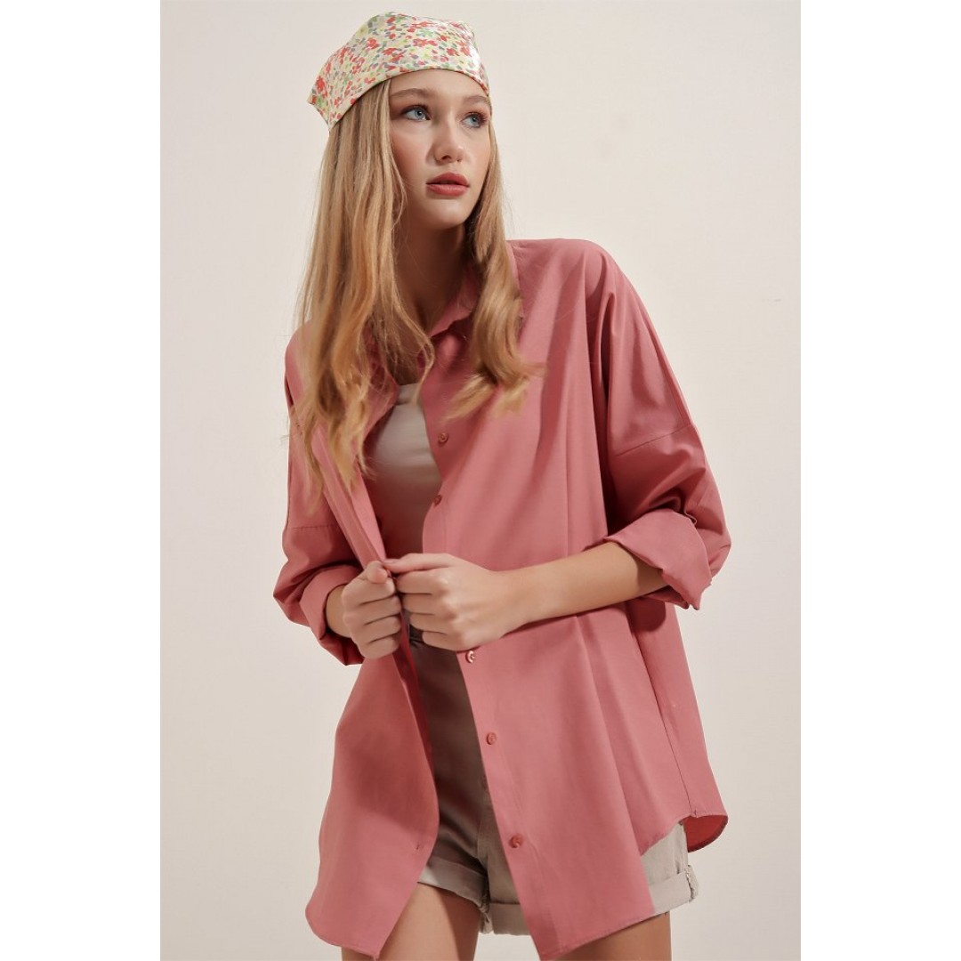3900 Oversize Uzun Basic Gömlek - Gül Kurusu 144776 3900 Oversize Uzun Basic Gömlek - Gül Kurusu 144776