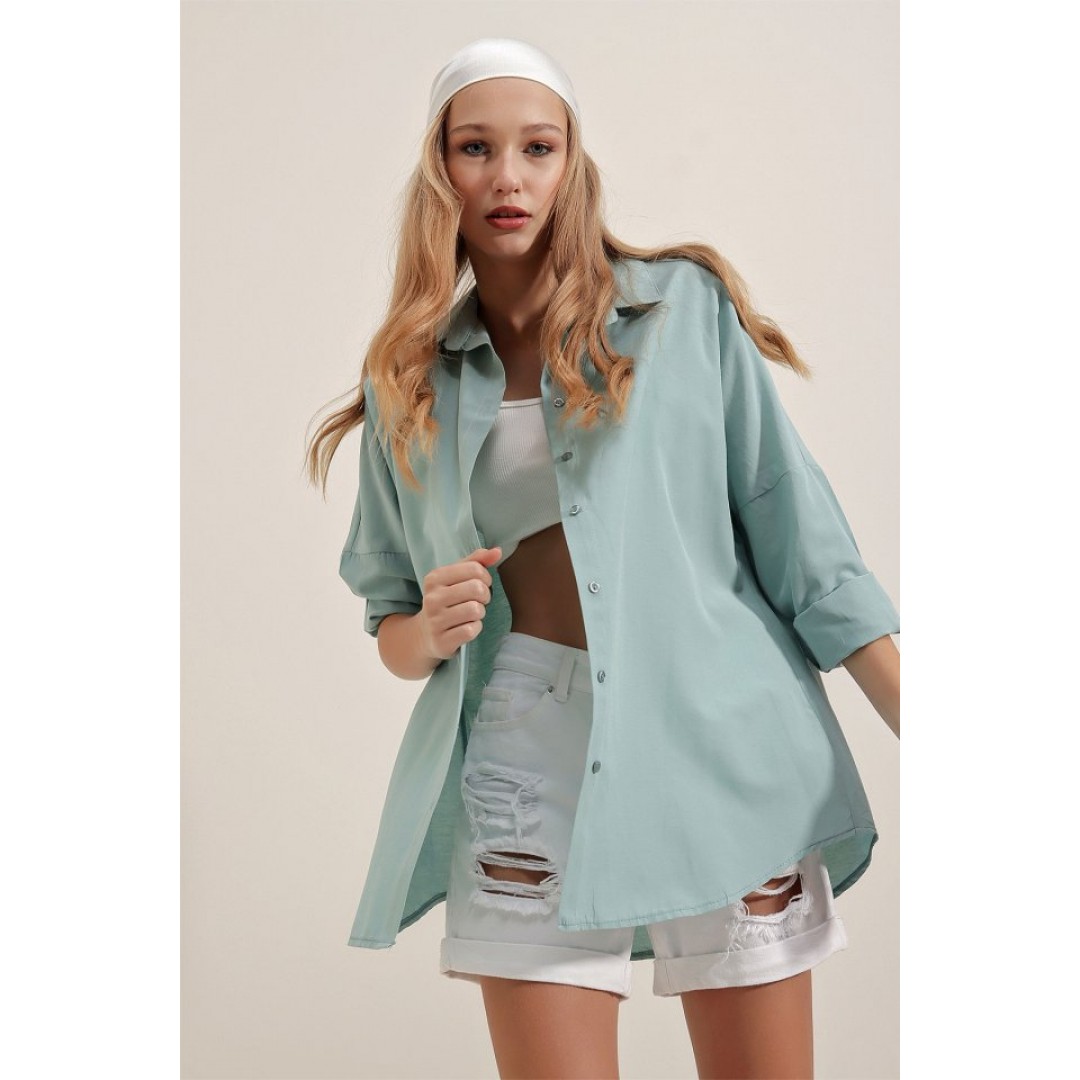 3900 Oversize Uzun Basic Gömlek - Su Yeşili 144777 3900 Oversize Uzun Basic Gömlek - Su Yeşili 144777