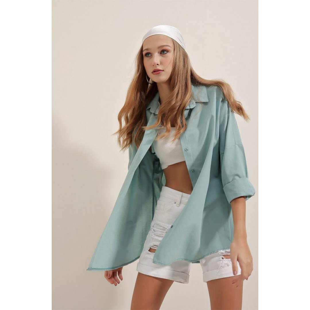 3900 Oversize Uzun Basic Gömlek - Su Yeşili 144777 3900 Oversize Uzun Basic Gömlek - Su Yeşili 144777