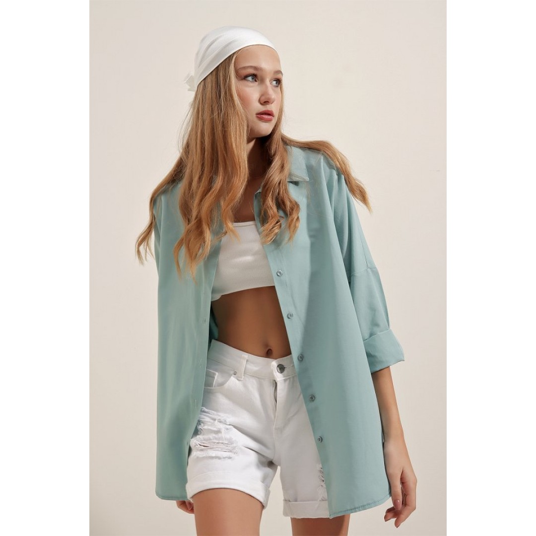 3900 Oversize Uzun Basic Gömlek - Su Yeşili 144777 3900 Oversize Uzun Basic Gömlek - Su Yeşili 144777