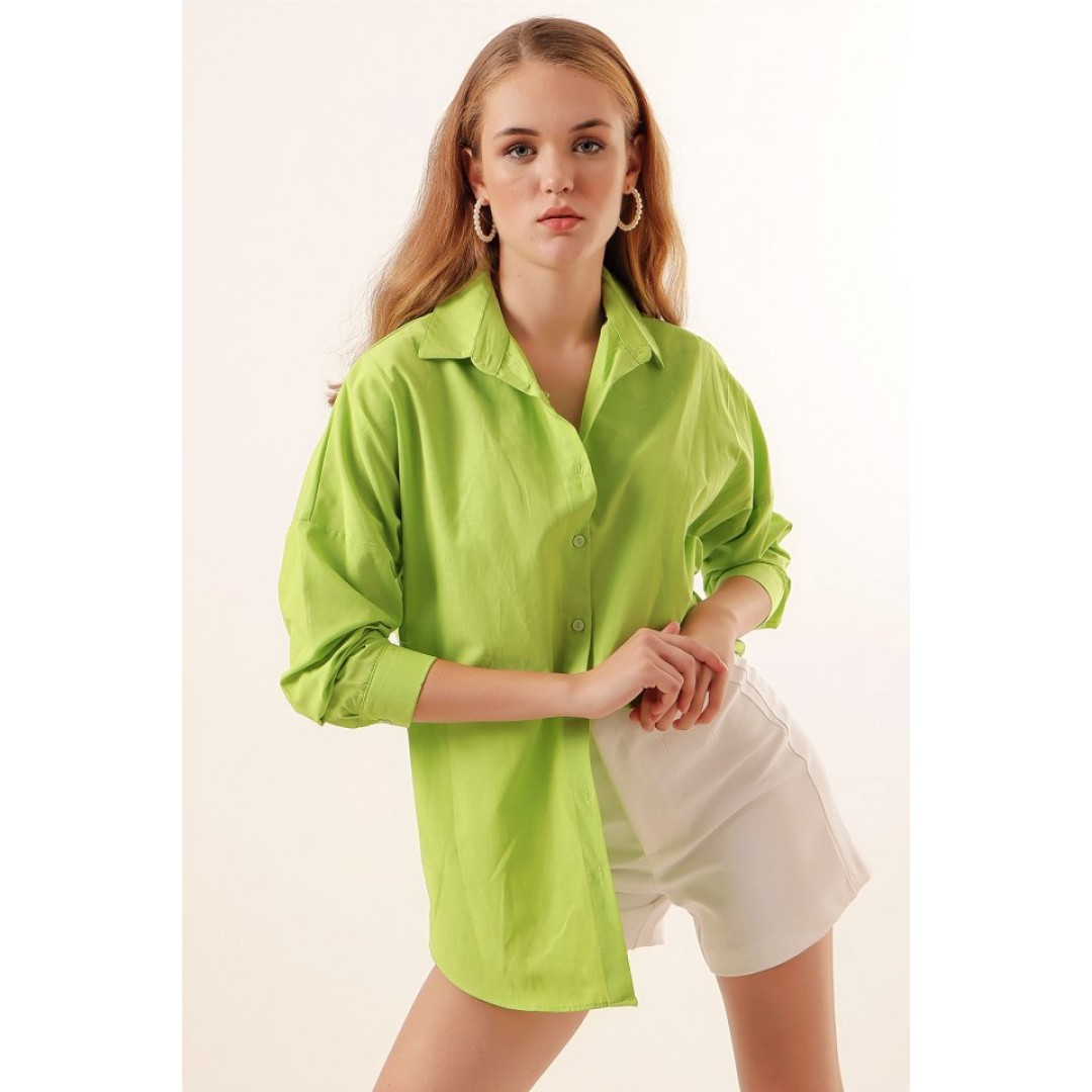 3900 Oversize Uzun Basic Gömlek - Çağla