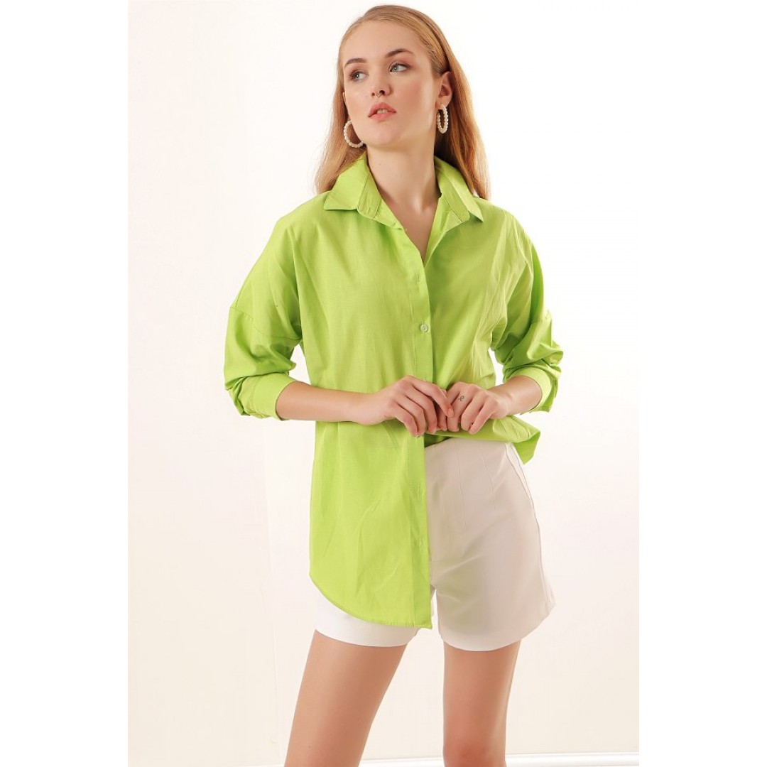 3900 Oversize Uzun Basic Gömlek - Çağla 144778 3900 Oversize Uzun Basic Gömlek - Çağla 144778