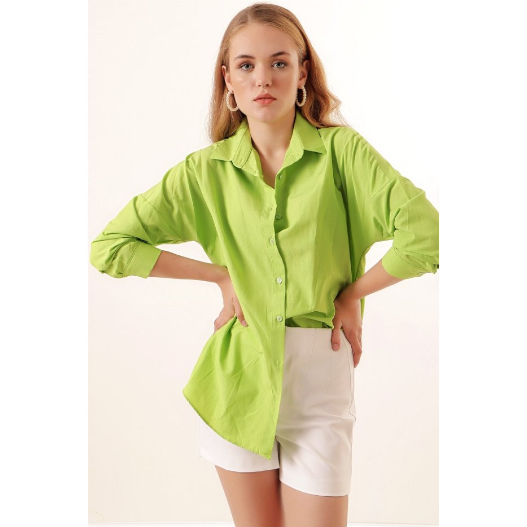 3900 Oversize Uzun Basic Gömlek - Çağla 144778 3900 Oversize Uzun Basic Gömlek - Çağla 144778
