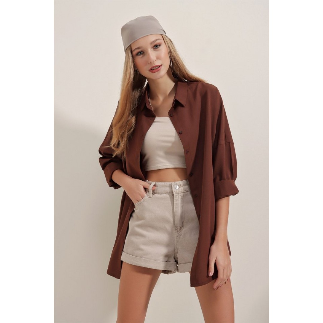 3900 Oversize Uzun Basic Gömlek - Kahverengi 144782 3900 Oversize Uzun Basic Gömlek - Kahverengi 144782