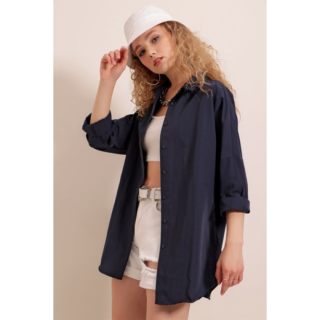 3900 Oversize Uzun Basic Gömlek - Lacivert 144783 3900 Oversize Uzun Basic Gömlek - Lacivert 144783