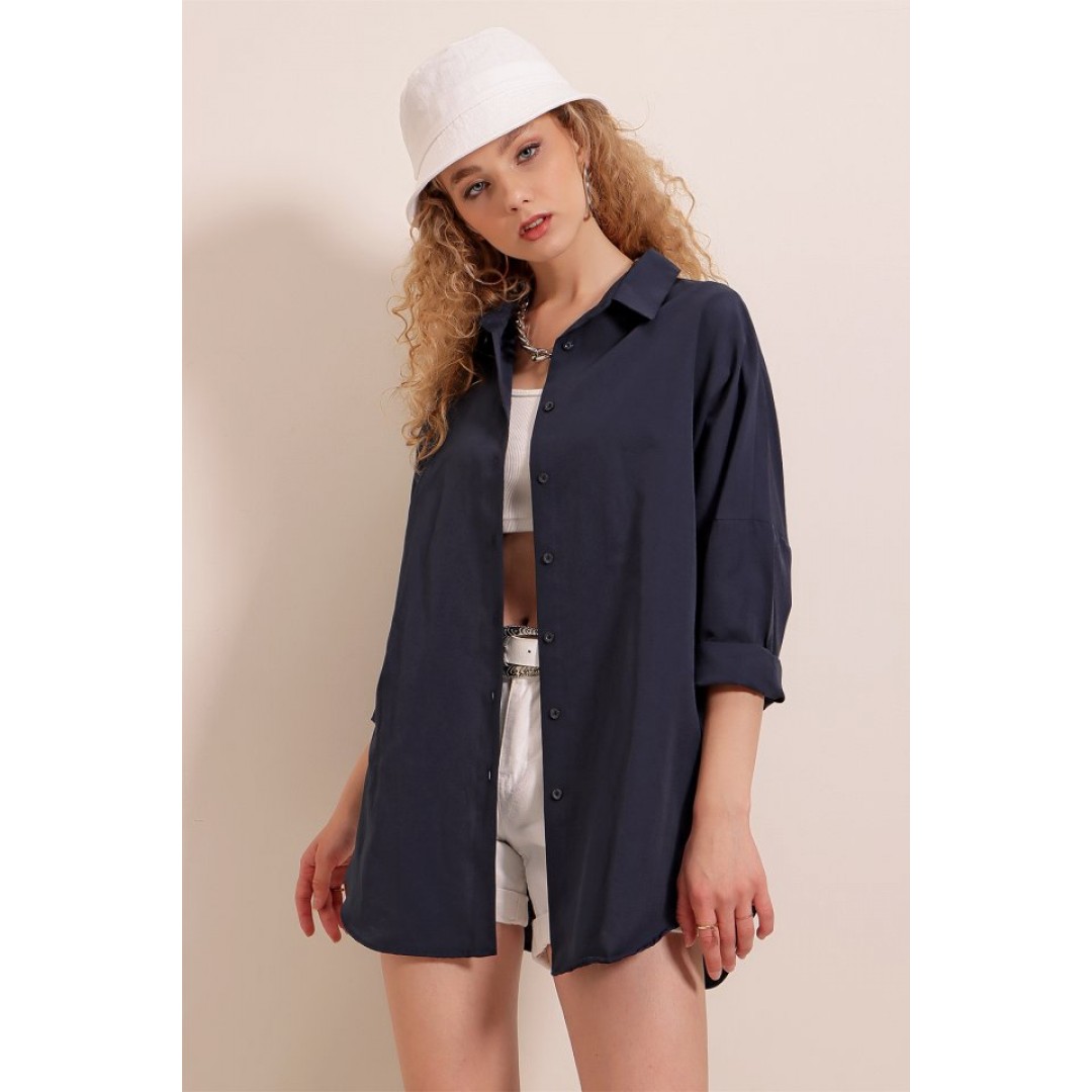 3900 Oversize Uzun Basic Gömlek - Lacivert 144783 3900 Oversize Uzun Basic Gömlek - Lacivert 144783