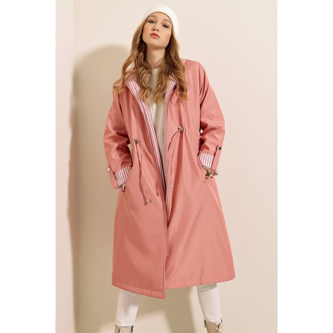 9091 Beli Büzgülü Kapşonlu Trençkot - Pembe 144801 9091 Beli Büzgülü Kapşonlu Trençkot - Pembe 144801